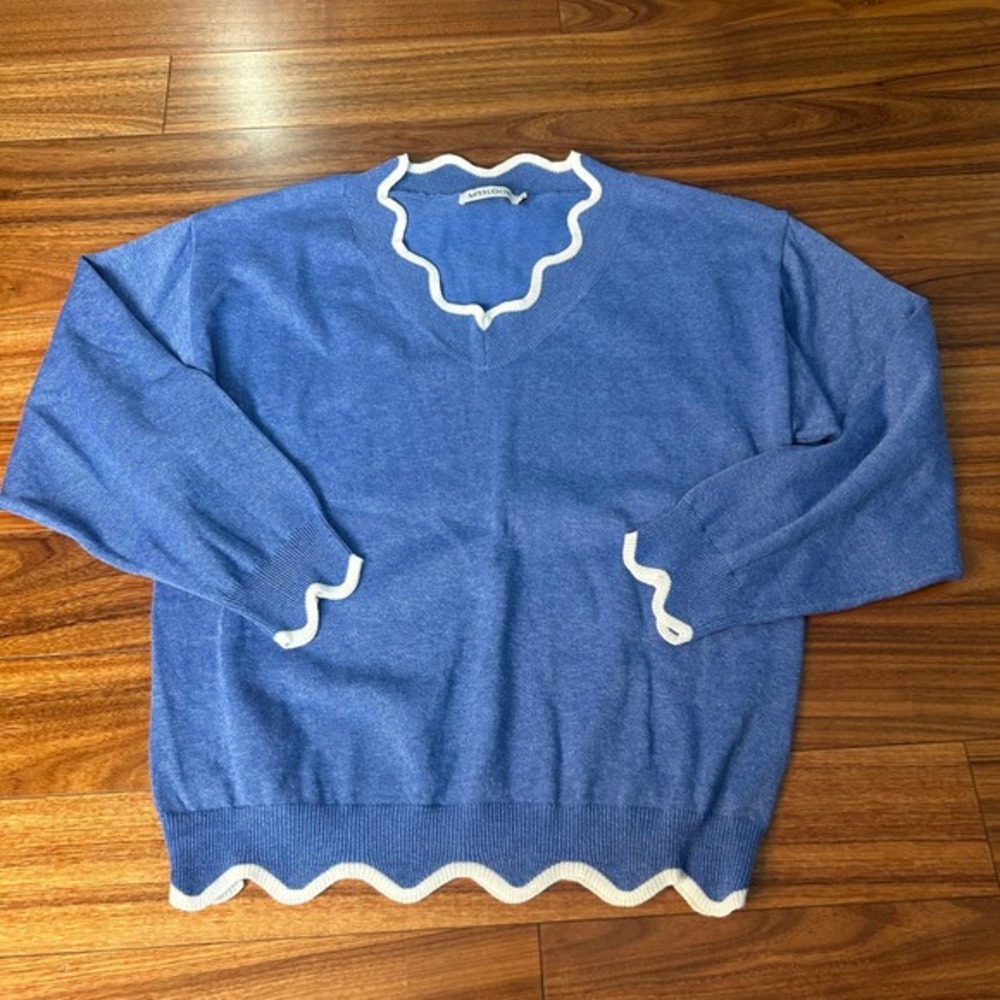 Misslook Wool Knit Sweater V-Neck Scalloped Trim Blue Pullover XL‎